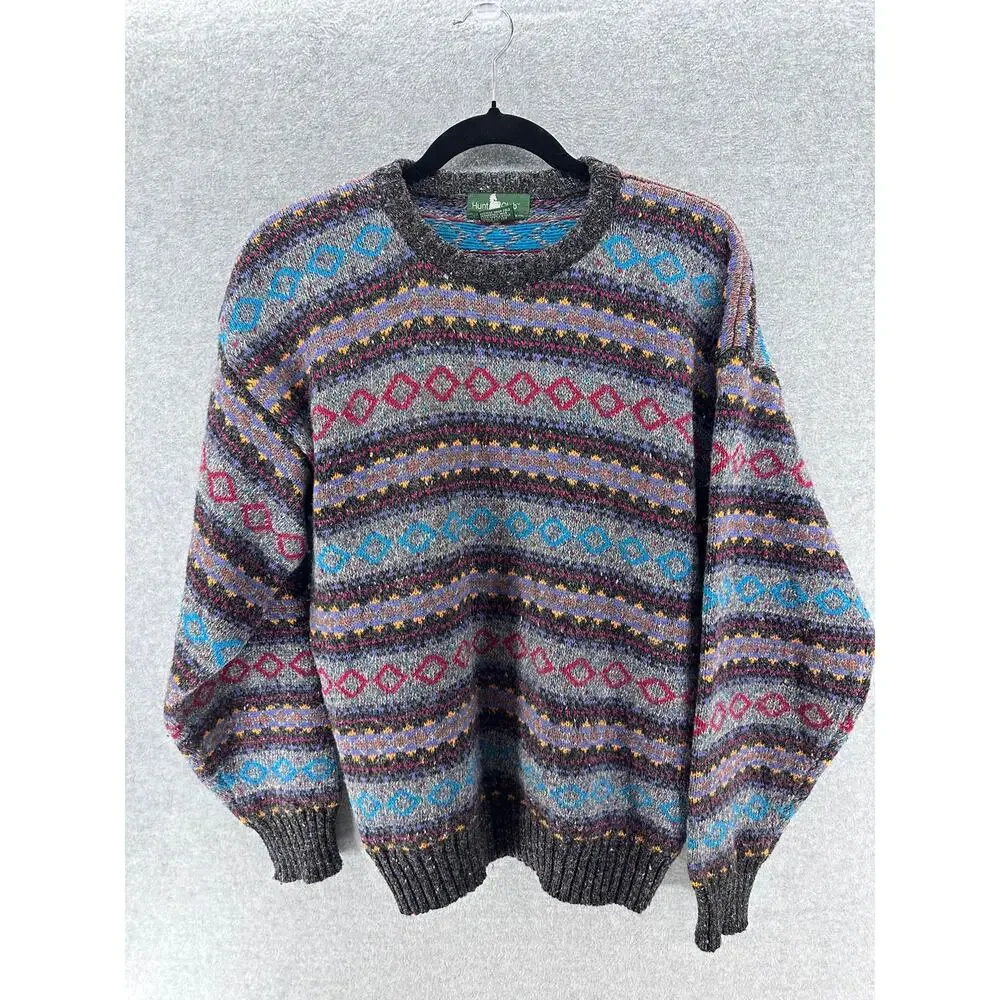 VTG Hunt Club Mens sz L Wool Knit Sweater Blue Gray Red Stripes Grandpa Academia - Picture 1 of 8